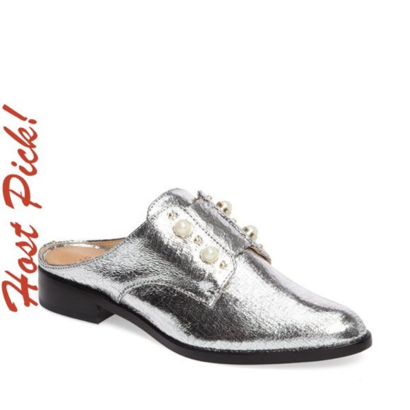 SCHUTZ Shoes - Schutz NEW Pearl Stud ALL- Leather Mules Clogs Slip-On Shoes SILVER Women's🎉HP
